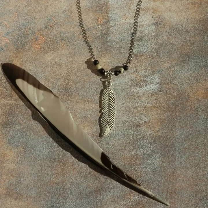 Collier composé d'une chaîne fine ornée d'une breloque en forme de plume et de p